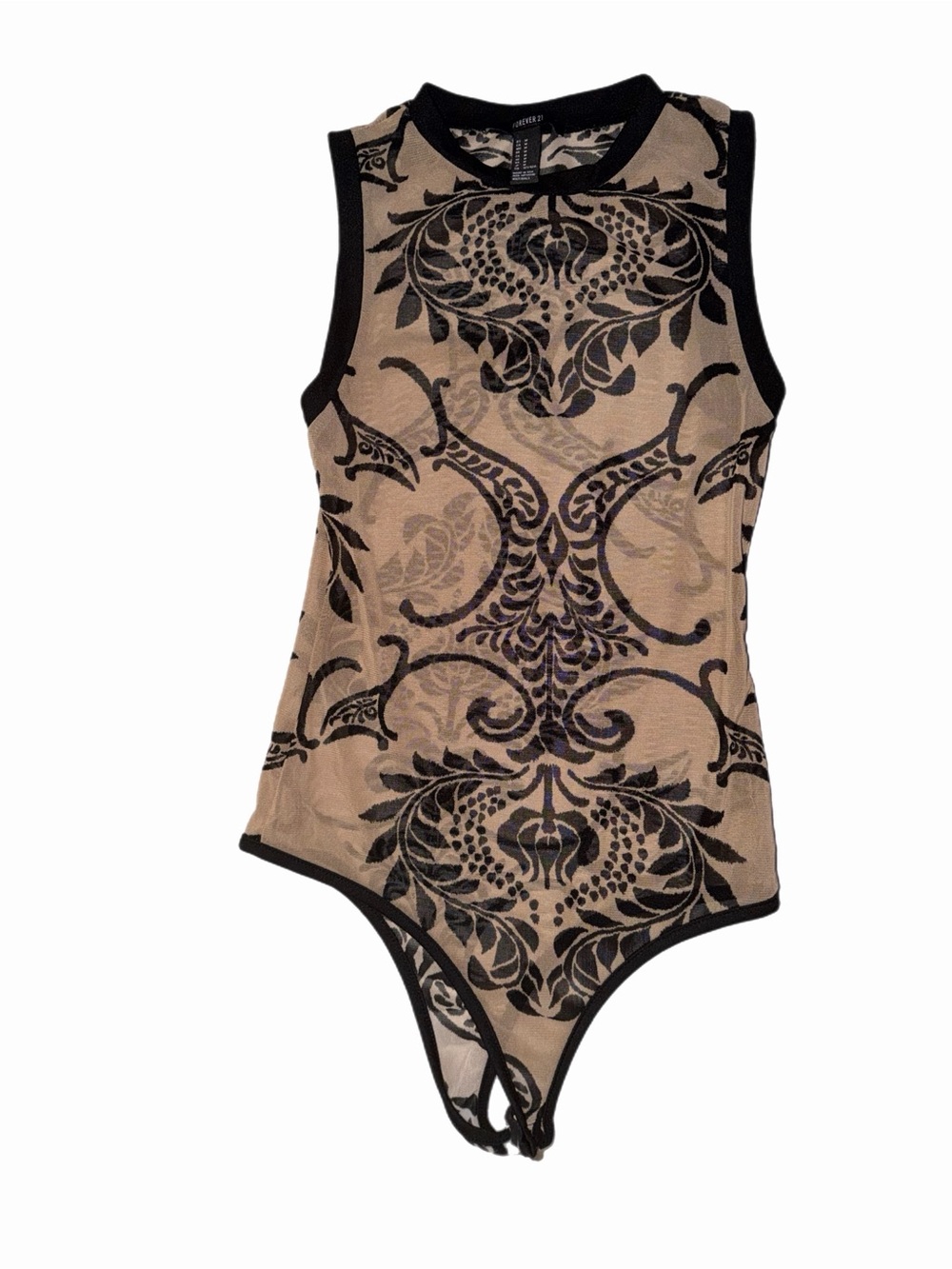 Forever 21 Beige and Black Sleeveless Mesh Printed Bodysuit